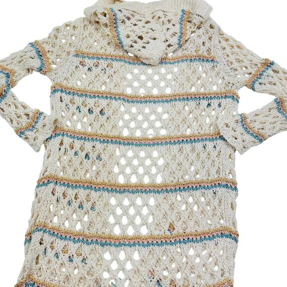 Boho Hippie Cotton Crochet Open Knit Fringe Long Hooded Duster Women's Size M/L - Picture 3 of 8